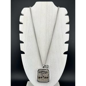 Ann Taylor Necklace Long Silver Tone Square‎ Snakeskin Pendant Rhinestone
